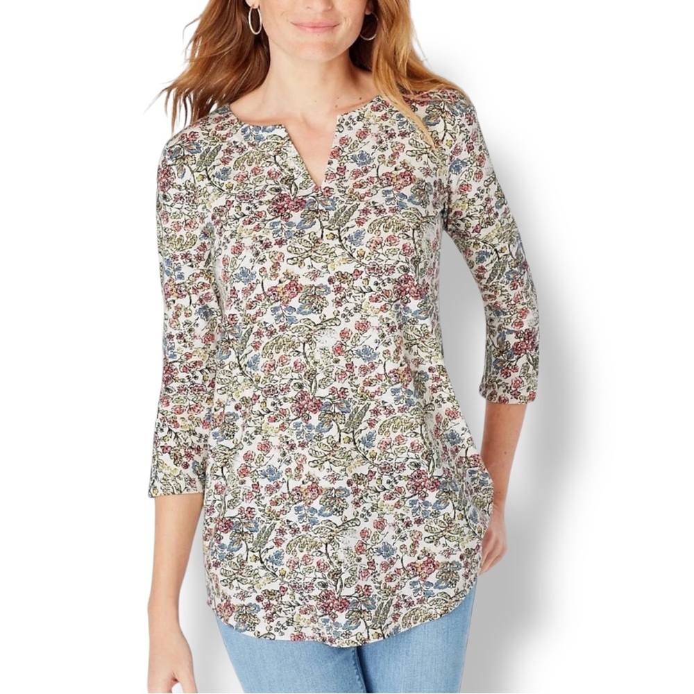4/$20 J. Jill Floral Tunic Top XS Cotton Modal 3/4 Sleeve Stretch Knit